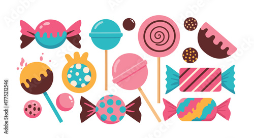 A vibrant assortment of colorful candies and lollipops displayed against a white background.