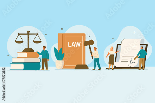 Law and justice scenes. Character signing legal contract, lawyer consulting client, judge knocking with wooden hammer. Legal advice concept. Flat cartoon vector illustration and icons set.
