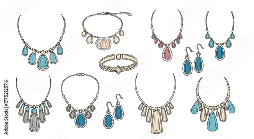 Collection of stylish necklaces, bracelets, and earrings with colorful gemstones.