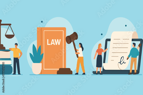 Law and justice scenes. Character signing legal contract, lawyer consulting client, judge knocking with wooden hammer. Legal advice concept. Flat cartoon vector illustration and icons set.