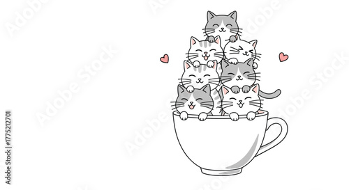 A pile of adorable cartoon kittens spilling out of a white teacup, with hearts floating nearby.