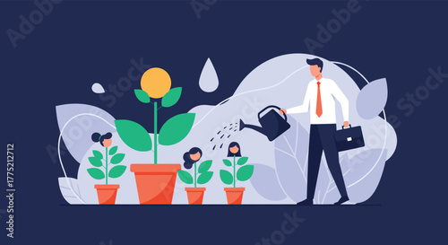 Businessman watering plants that represent growth and investment success, symbolizing financial development.