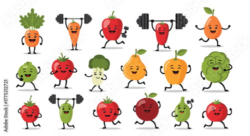 Cute and active cartoon vegetables and fruits exercising and lifting weights.