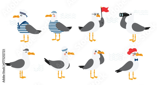 A collection of eight cute cartoon seagulls dressed in various nautical-themed outfits and accessories.