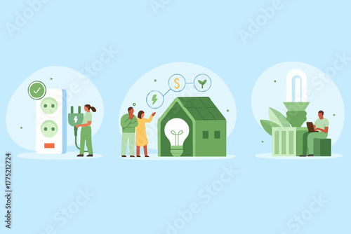 Sustainability illustration set. Characters reduce energy consumption at home, unplug appliances and use energy saving light bulb. Green electricity and power save concept. Vector illustration.