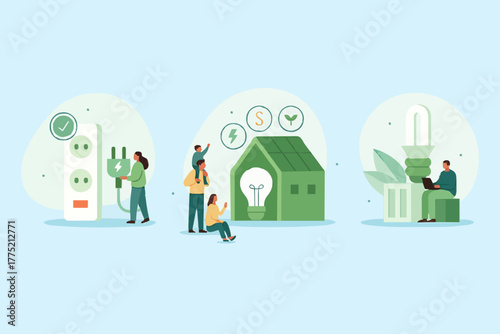 Sustainability illustration set. Characters reduce energy consumption at home, unplug appliances and use energy saving light bulb. Green electricity and power save concept. Vector illustration.