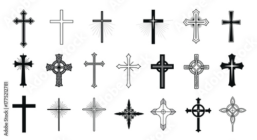 Collection of various black and white Christian cross symbols with intricate designs and simple styles.
