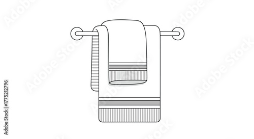 Line art illustration of two towels hanging on a towel rack with decorative stripes.