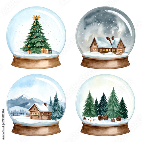 Four whimsical watercolor snow globes Christmas tree, cabin, mountains, forest