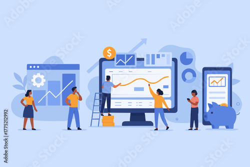 Financial illustration set. Characters investing money in stock market. People analyzing financial graphs, charts and diagrams and other data. Stock trading concept. Vector illustration.