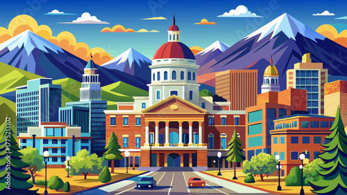 Very beautiful view of downtown Colorado Springs, Colorado, United States, featuring the elegant Pioneers Museum surrounded by city streets, mountain backdrop, and a clear blue sky highlighting urban 