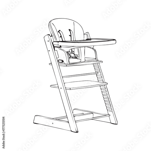 Line drawing of a high chair with tray and footrest.