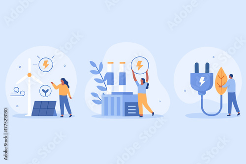 Sustainability illustration set. Sustainable clean industrial factory, renewable energy sources and green electricity. Environmental, Social, and Corporate Governance concept. Vector illustration.