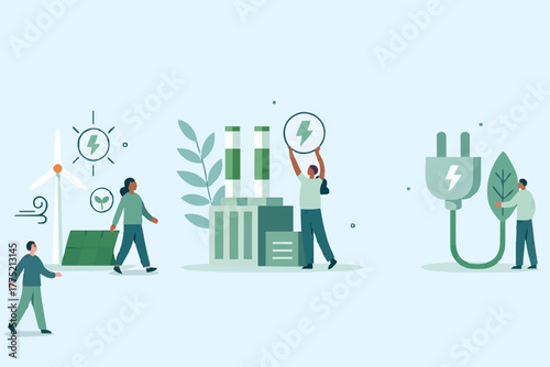 Sustainability illustration set. Sustainable clean industrial factory, renewable energy sources and green electricity. Environmental, Social, and Corporate Governance concept. Vector illustration.