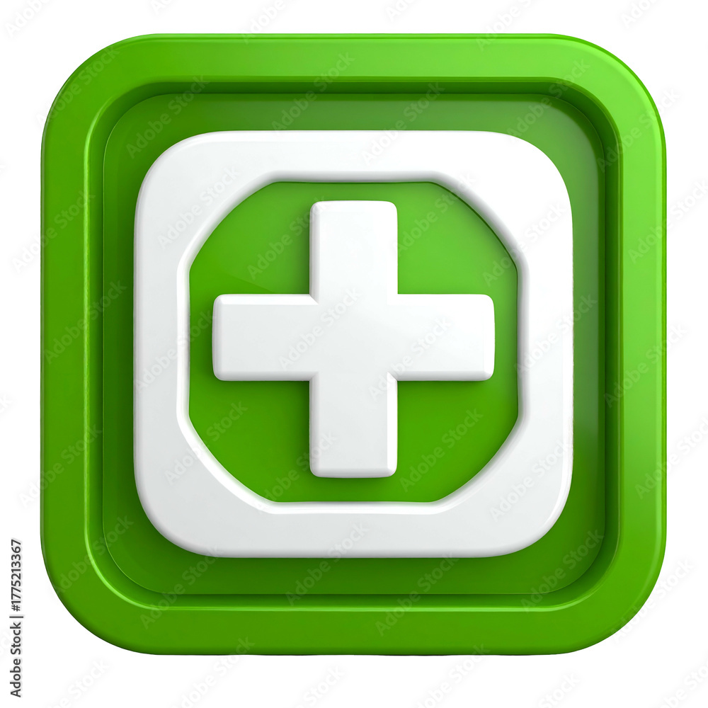Obraz premium A bright green square icon with a white cross inside a rounded square, on a black backdrop