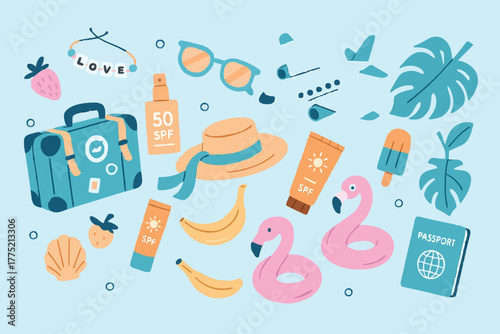 Summer stickers set. Tropical vacation on beach scrapbooking collection. Plane, ticket, sunscreen and other travel elements. Modern cartoon concept. Vector illustration.