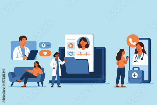 Electronic health record and online medical services illustration set. Doctor in hospital reading patient EMRs. Patients having online consultations with medical specialists. Vector illustration.
