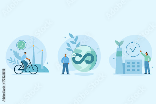Circular economy illustration set. Sustainable economic growth with renewable energy and natural resources. Green energy, sustainable industry and manufacturing concept. Vector illustration.