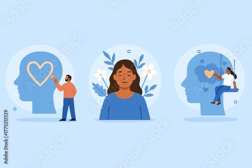 Healthy mentality and self care illustration set. Happy woman feel confident, relax, accept and love herself. Selfcare and acceptance concept. Vector illustration.