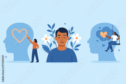 Healthy mentality and self care illustration set. Happy woman feel confident, relax, accept and love herself. Selfcare and acceptance concept. Vector illustration.