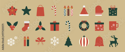 Cute Christmas illustration elements collection with holiday icons like gift boxes, mistletoe, snowflakes, Christmas tree, wreath, candy cane, Santa hat, and winter accessories.