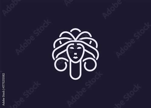 An abstract Medusa logo in elegant line style, combining geometric hair patterns with a mysterious face outline, symbolizing power, transformation, and myth in minimalist vector art
