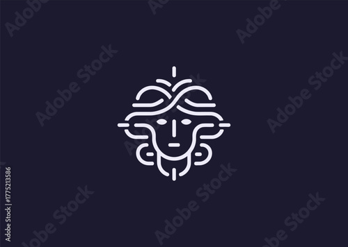 An abstract Medusa logo in elegant line style, combining geometric hair patterns with a mysterious face outline, symbolizing power, transformation, and myth in minimalist vector art