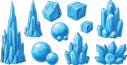 Blue crystal icons, stylized mineral shapes, cartoon gem clusters, geometric crystal formations, fantasy assets, glowing stones, game design elements