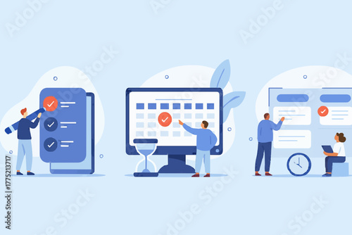 Various Online Survey and Rating Icons. Characters Filling Survey Form, putting Check Marks on Checklist and giving Five Star Feedback. User Experiences Concept. Flat Cartoon Vector Illustration.