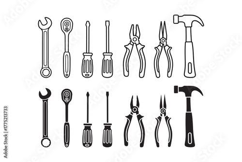 Hand tools outline and silhouette icon set with wrench, plier, hammer, screwdriver for industrial, workshop, repair. Mechanic equipment line art and solid element design pack for construction work