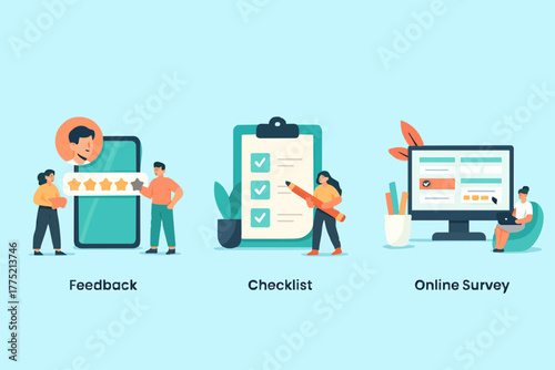 Various Online Survey and Rating Icons. Characters Filling Survey Form, putting Check Marks on Checklist and giving Five Star Feedback. User Experiences Concept. Flat Cartoon Vector Illustration.