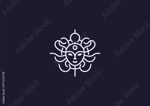 An abstract Medusa logo in elegant line style, combining geometric hair patterns with a mysterious face outline, symbolizing power, transformation, and myth in minimalist vector art