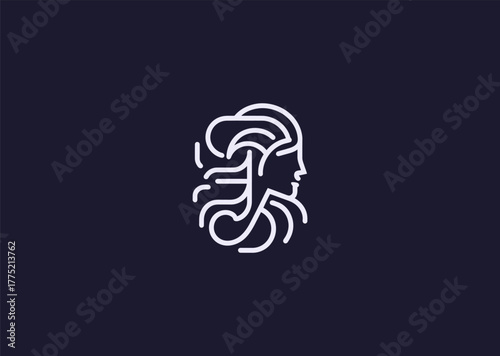 An abstract Medusa logo in elegant line style, combining geometric hair patterns with a mysterious face outline, symbolizing power, transformation, and myth in minimalist vector art