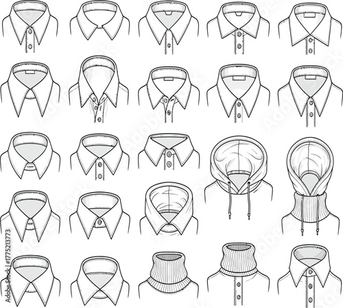 Shirt collar styles isolated on white background showcasing various designs, including pointed, buttondown, spread, and mandarin collars for fashion design inspiration