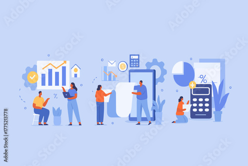 Characters manage finances. People calculating and analyzing personal or corporate budget, managing financial income, consulting with accountant. Flat cartoon vector illustration and icons set.