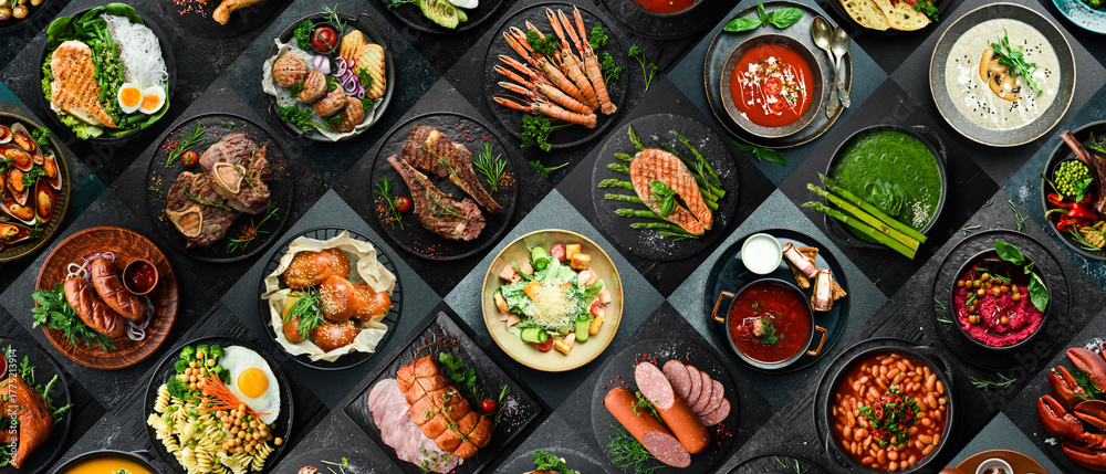 Fototapeta premium Banner. different types of dishes in plates. Photo collage of food. Top view on black background.