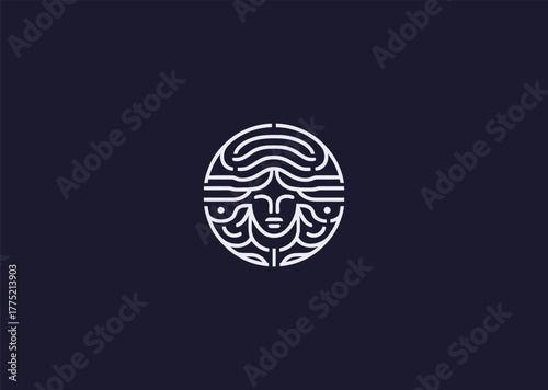 An abstract Medusa logo in elegant line style, combining geometric hair patterns with a mysterious face outline, symbolizing power, transformation, and myth in minimalist vector art