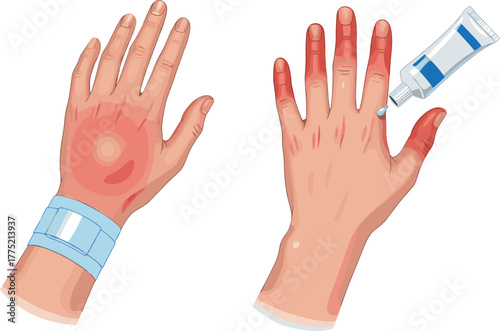 Burn injury treatment illustration showing hand wounds, bandage care, ointment application, first aid procedure, medical education, skin trauma healing
