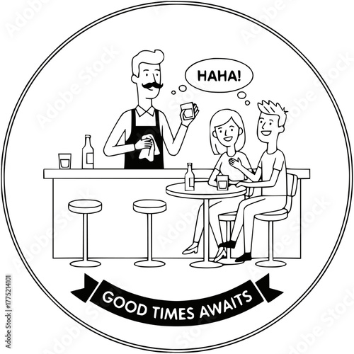 Cheerful illustration of a bar scene, featuring a friendly bartender serving drinks to a laughing couple, symbolizing social connection, relaxation, and shared good times