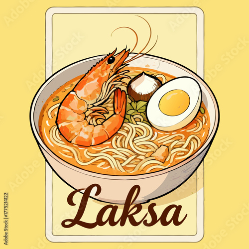 Vector illustration of a delicious bowl of Southeast Asian spicy curry noodle soup with a large prawn and egg, laksa