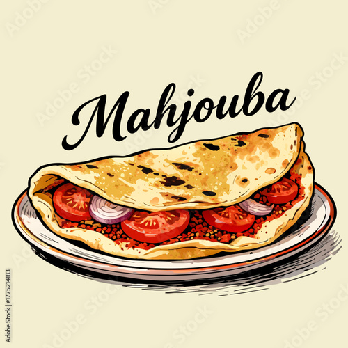 A detailed vector illustration of a traditional Algerian savory flatbread filled with a delicious tomato and onion mixture,mahjouba