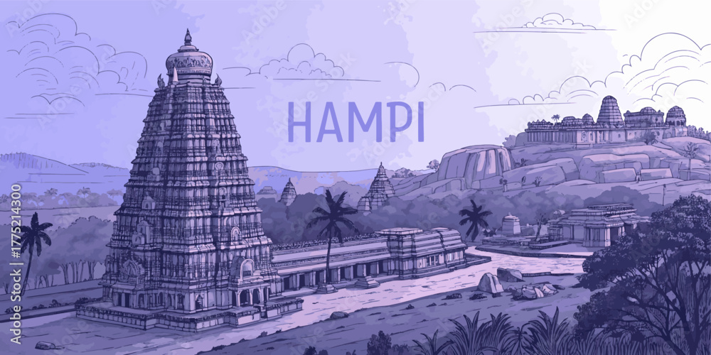 Fototapeta premium Hampi Skyline Illustration Featuring Virupaksha Temple, Vittala Temple & Tungabhadra River for Travel Promotion and Wall Art