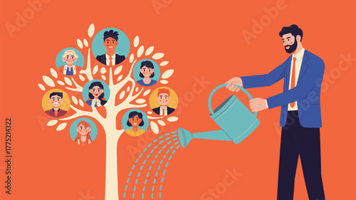 Man watering a family tree with portraits of people