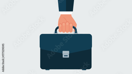 Hand holding a dark blue briefcase against a light gray background
