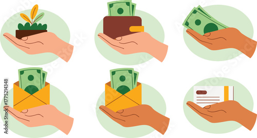 Hands holding money and financial elements