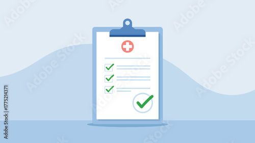 Medical checklist on clipboard with checkmarks and red cross symbol