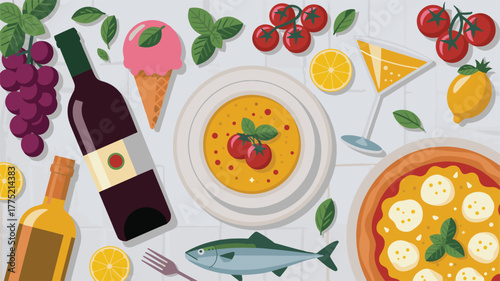 A vibrant flat lay of food and drinks including pizza, wine, and fruit