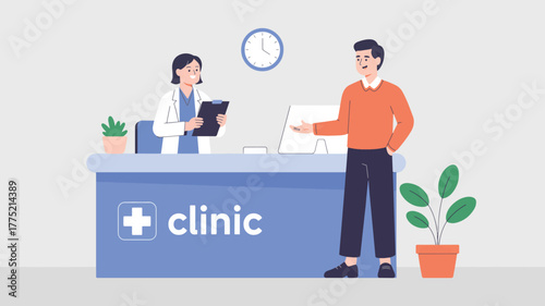 Man at clinic reception desk talking to a nurse