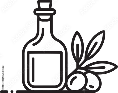 Olive oil bottle with olives and leaves icon