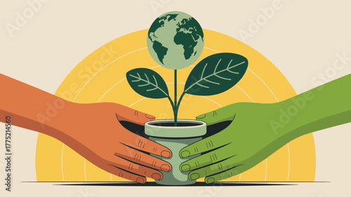 Hands nurturing a plant with the earth as its crown